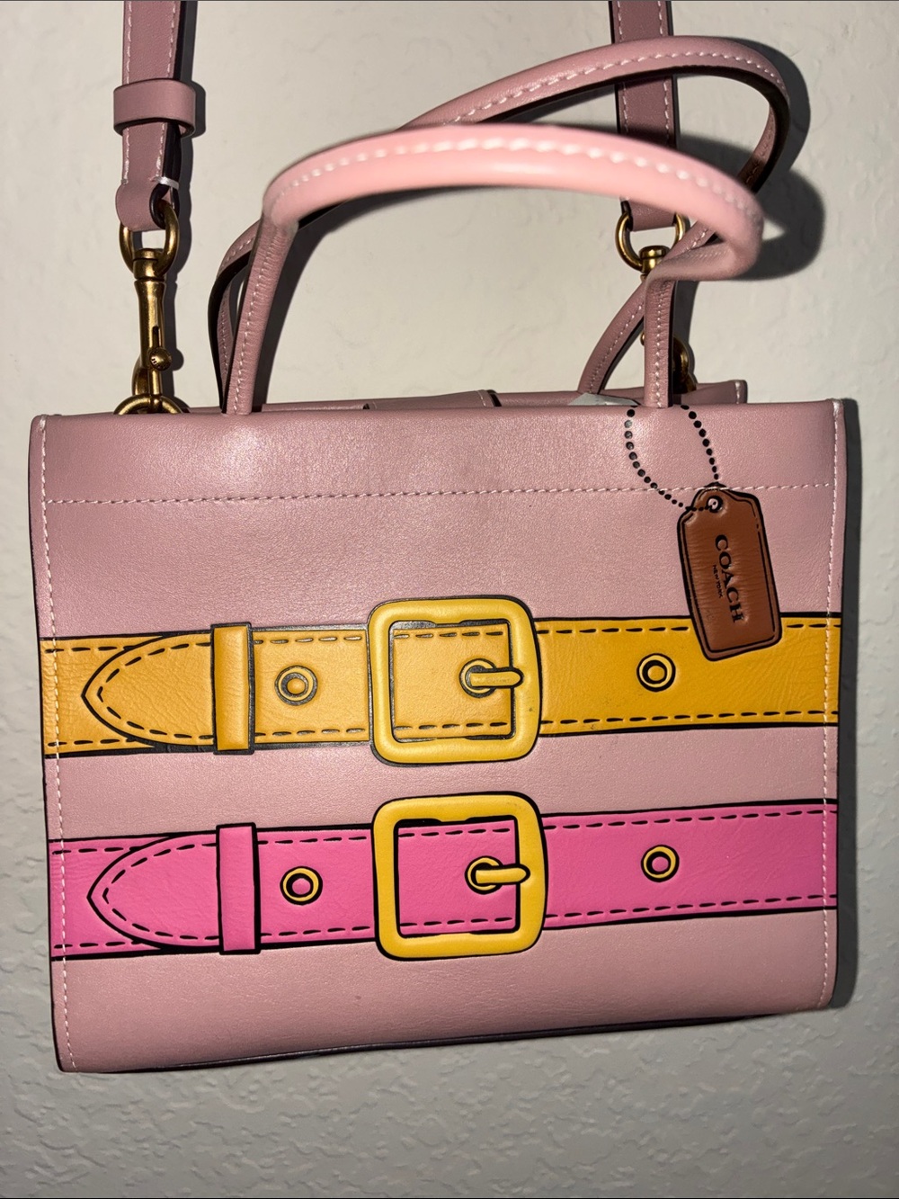 Coach Pink Leather Crossbody with Yellow & Pink Belt Detail - Picture 5 of 17